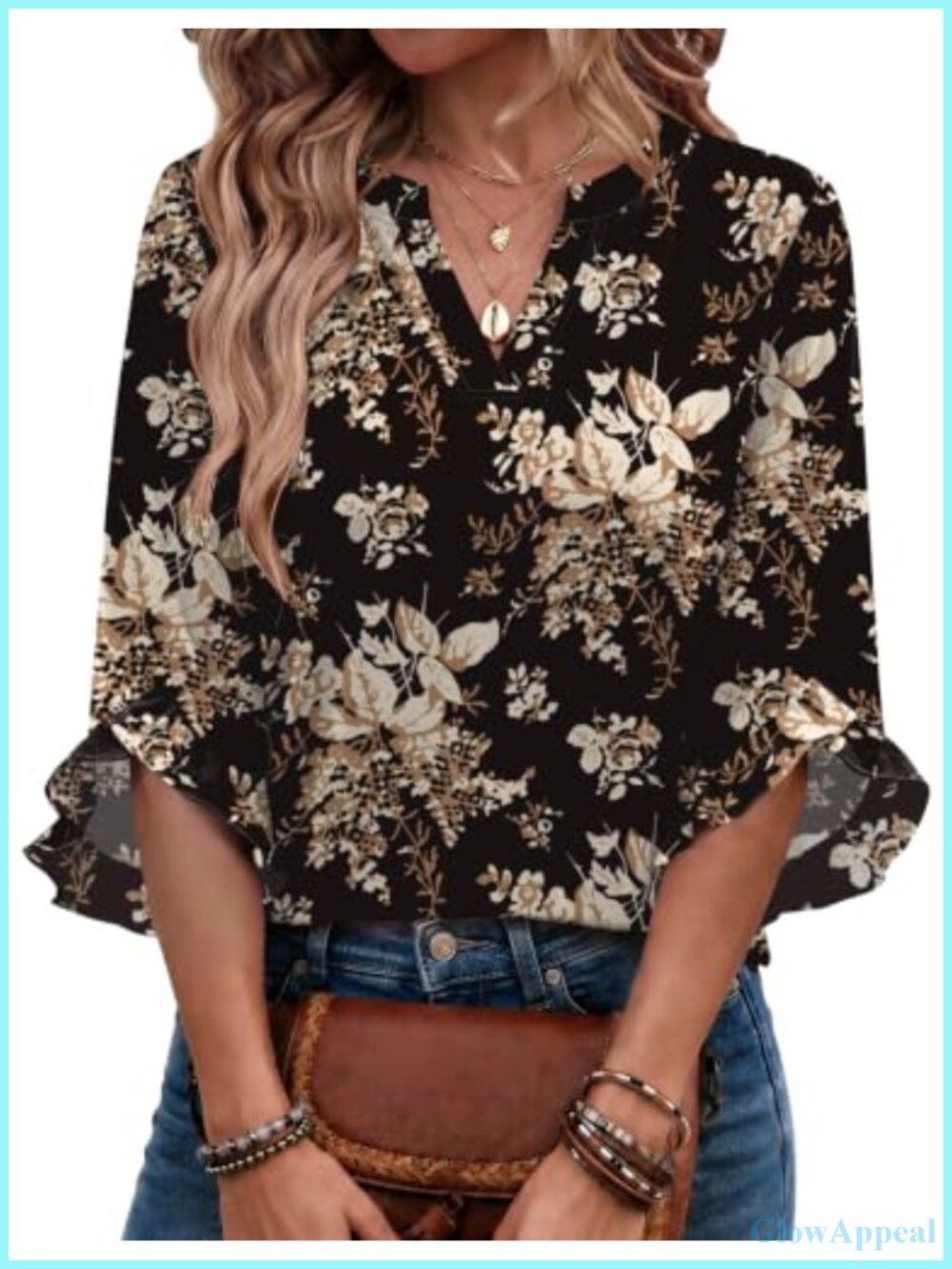 Women's 3/4 Ruffle Sleeve V-Neck Blouse Casual Lightweight Polyester